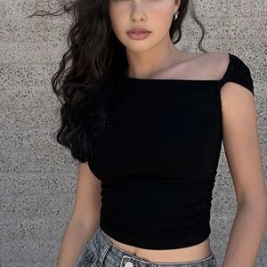 Asymmetrical Neck One Shoulder Off Top Black NWT